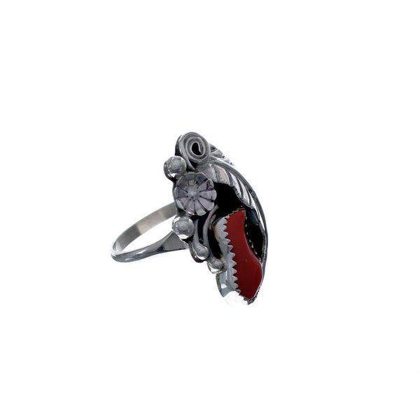 Flower Scalloped Leaf Coral Genuine Sterling Silver Navajo Ring Size 6-1/4 AX127090